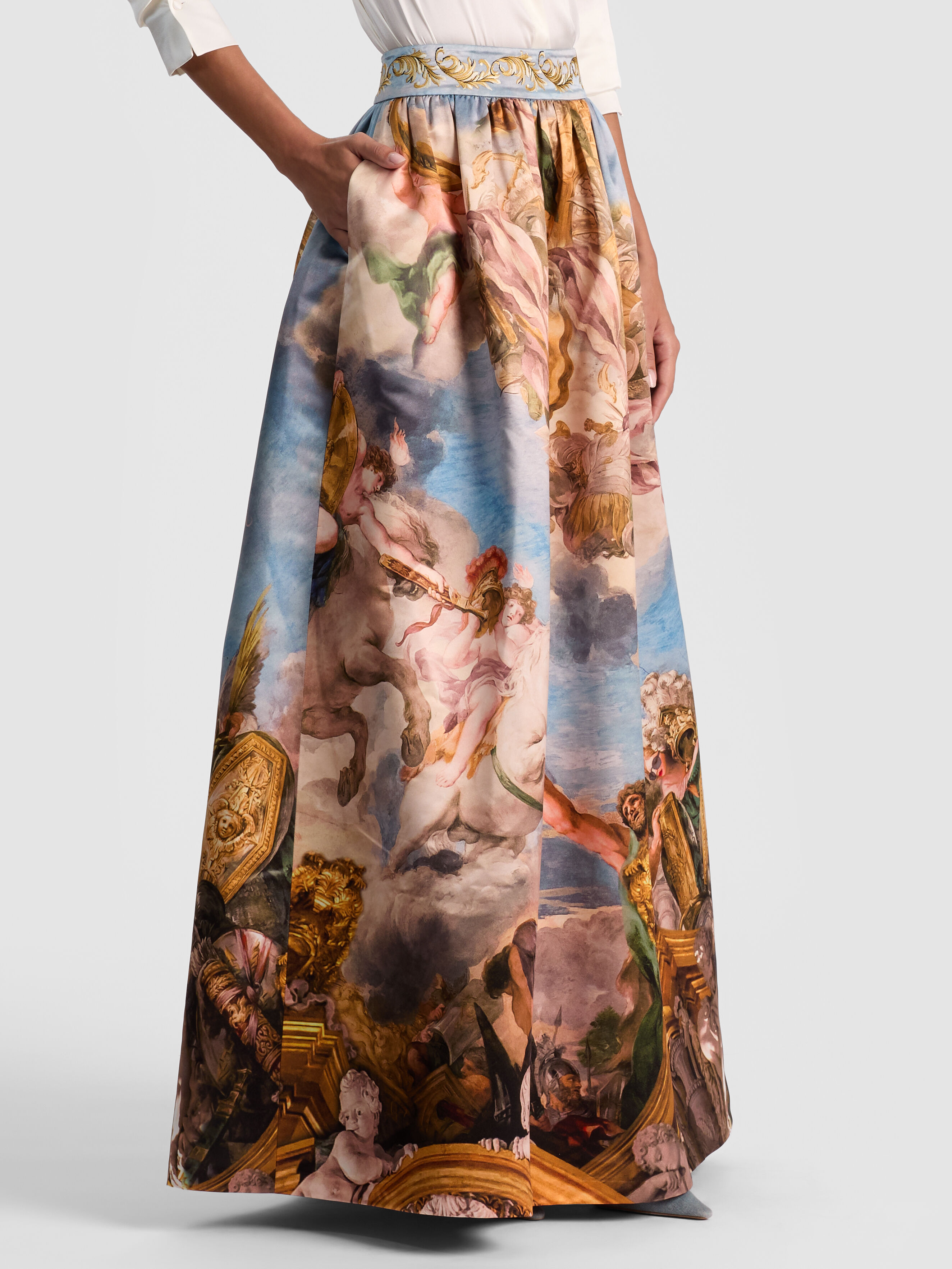 ALICE + OLIVIA Tina Ballgown Skirt in Renaissance printed duchess satin with embroidered waistband