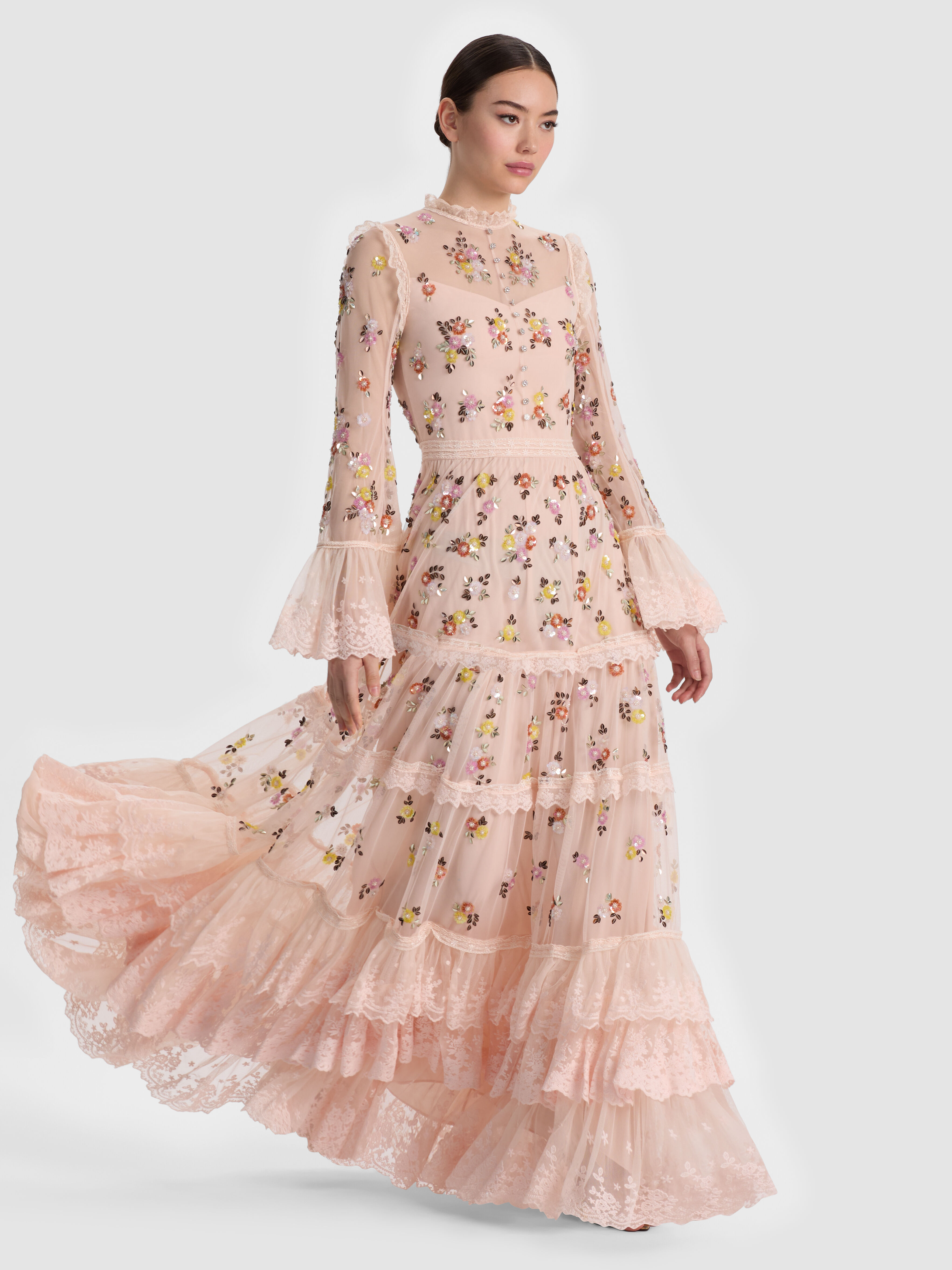 ALICE + OLIVIA Allegra Embellished Lace Maxi Dress in floral tulle, worn by Sutton Stracke at NYFW 2026