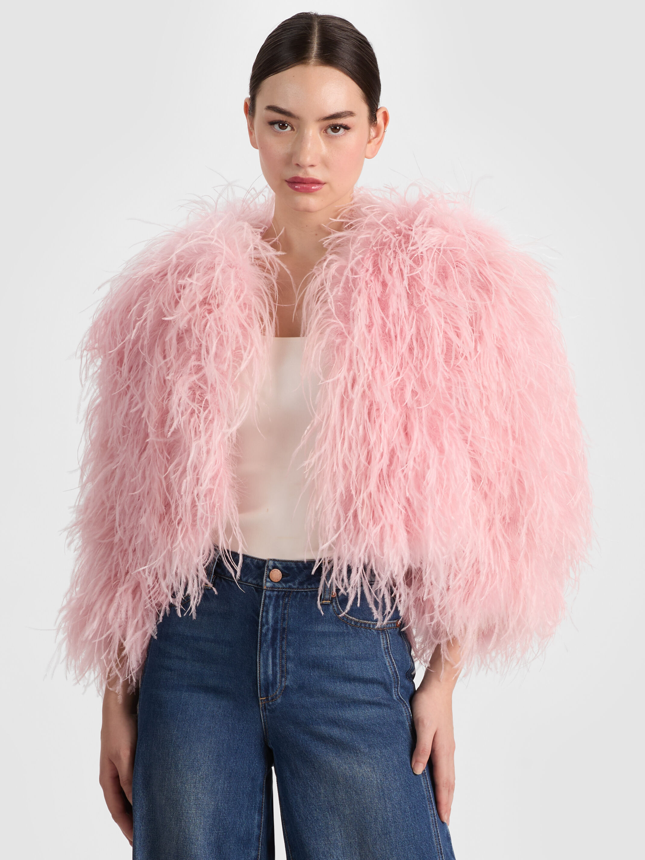 ALICE + OLIVIA Kidman Feathered Jacket — bold cropped boxy jacket covered in dyed ostrich and turkey feathers