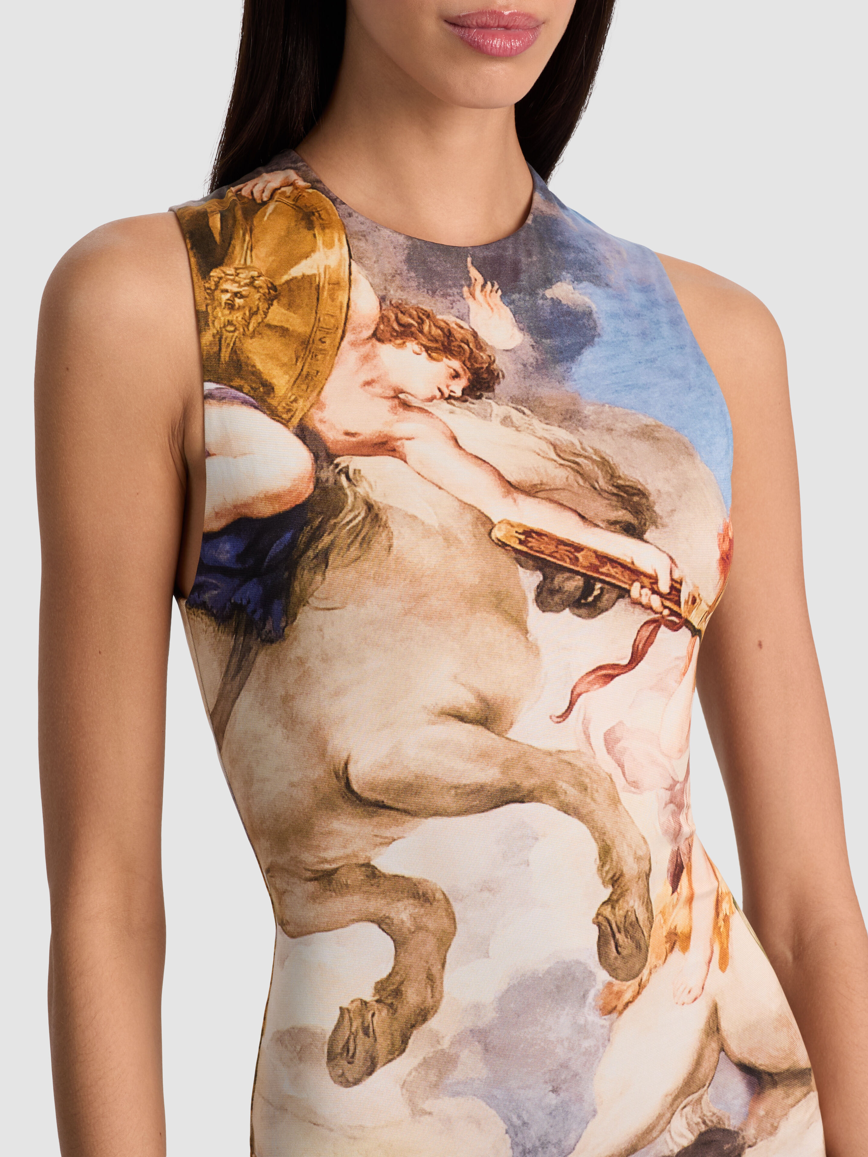 ALICE + OLIVIA Delora Open Back Maxi Dress in digitally engineered Renaissance-inspired stretch jersey print