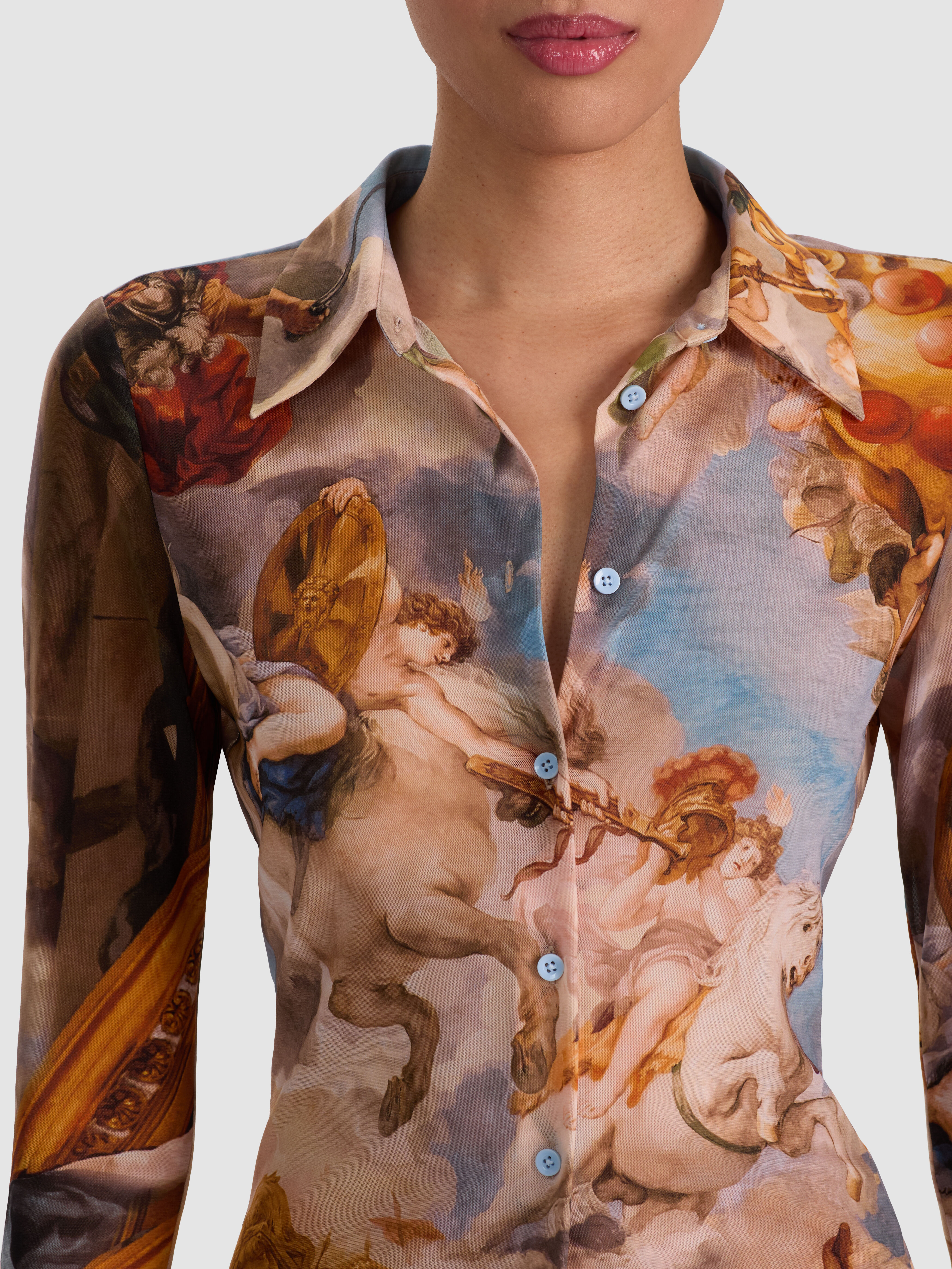 ALICE + OLIVIA Jade Mesh Button Down in Renaissance printed nylon with button front closure