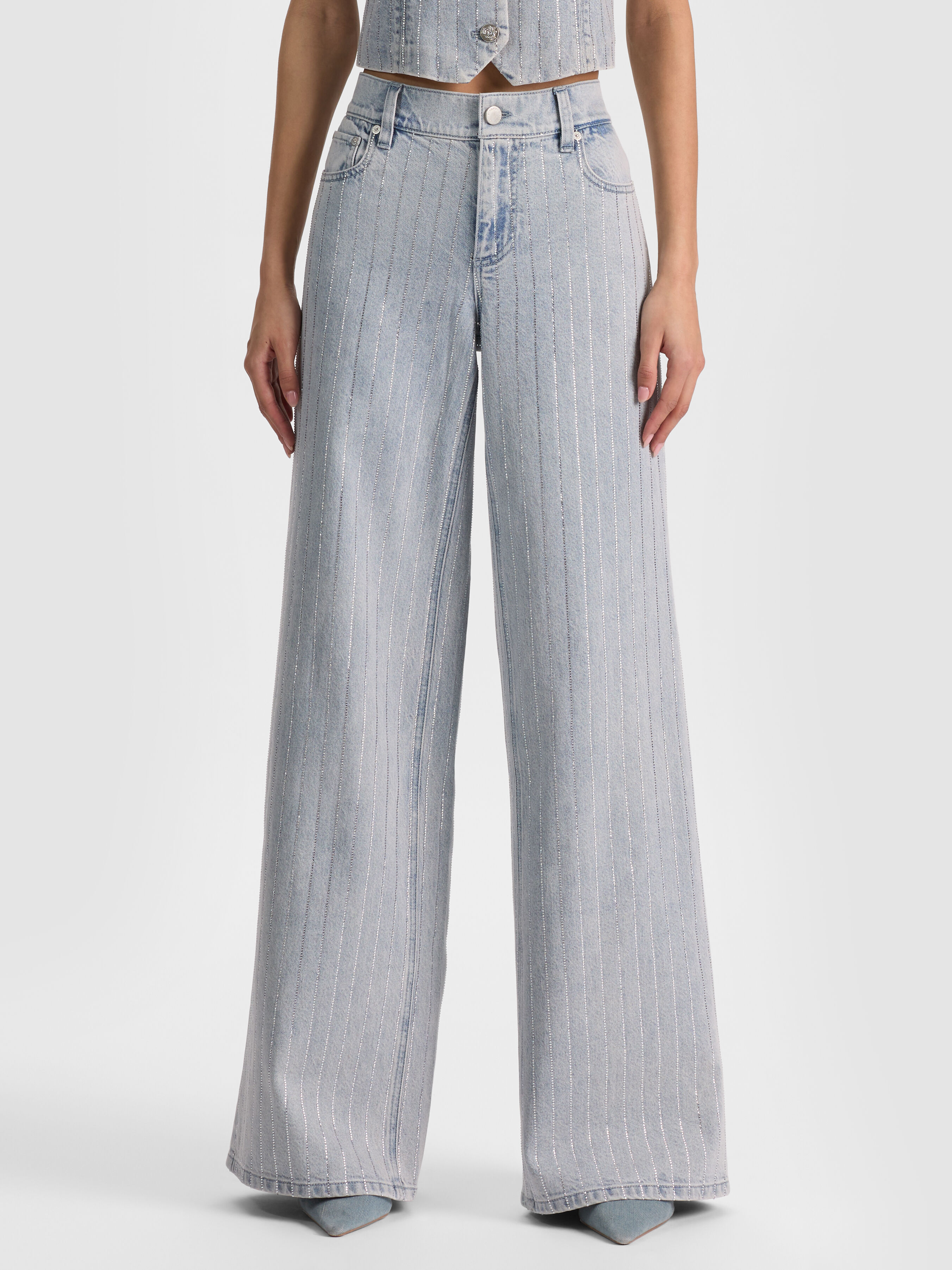 ALICE + OLIVIA Amazing Embellished Jean in indigo blue crystal pinstripe denim, wide-leg silhouette