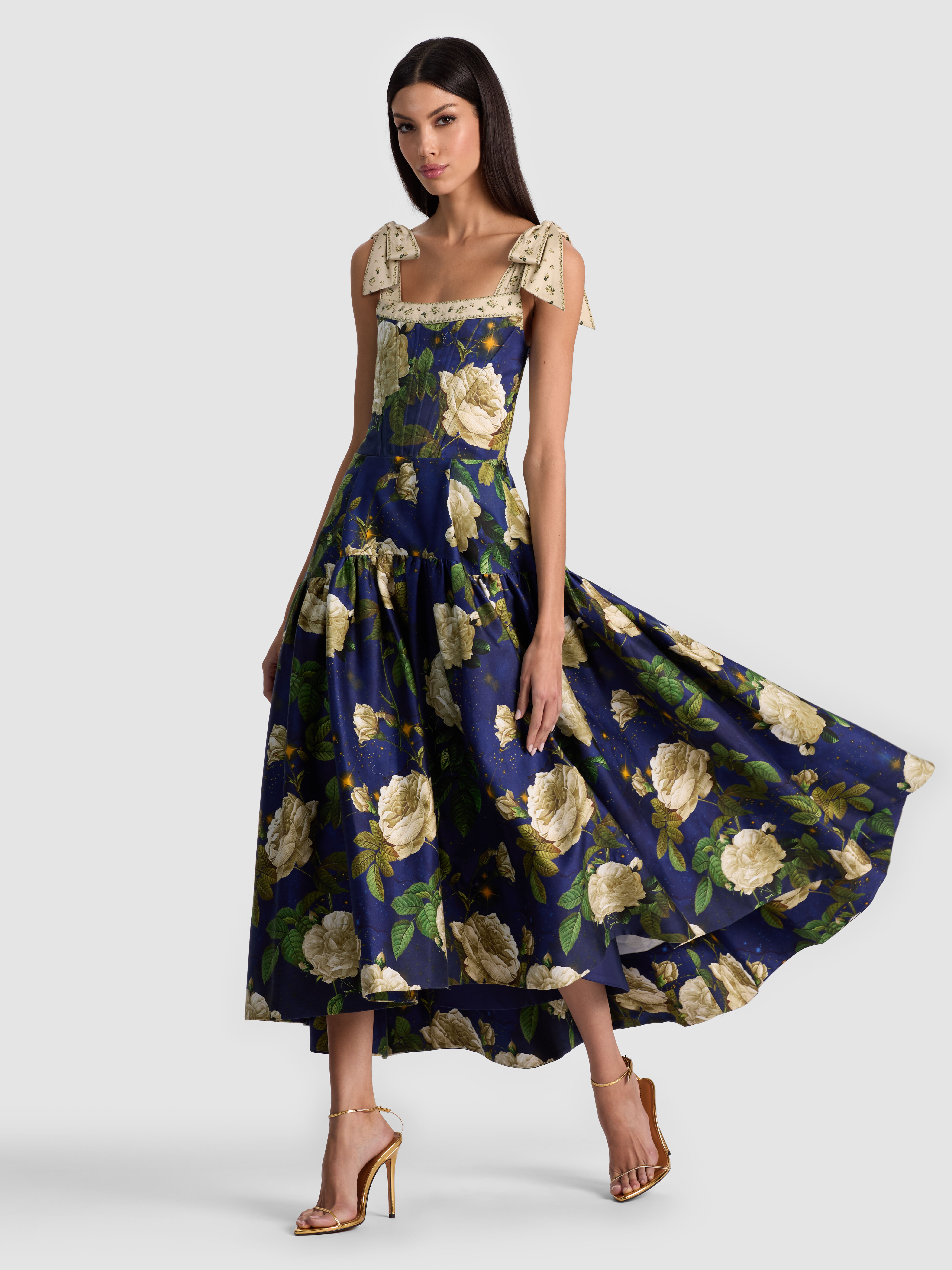 ALICE + OLIVIA Rosalee Midi Dress in floral printed cotton poplin
